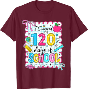 Preppy I Survived 120 Days of School Coquette 120 Days Girls T-Shirt - T-Shirt | Maroon