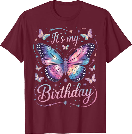 Its My Birthday Butterfly Graphic for Party Guests T-Shirt - T-Shirt | Maroon