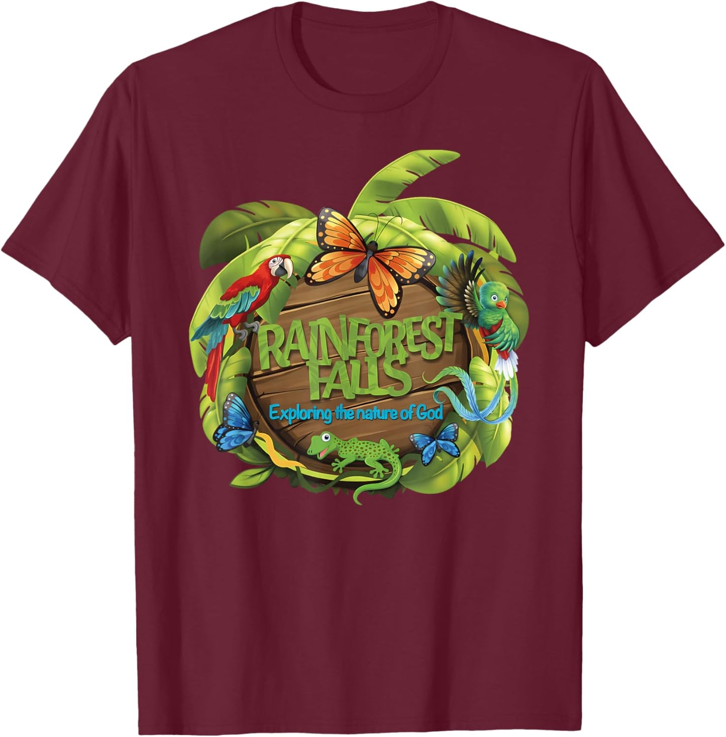 VBS Rainforest Falls Exploring The Nature of God 2 Sided T-Shirt - T-Shirt | Maroon