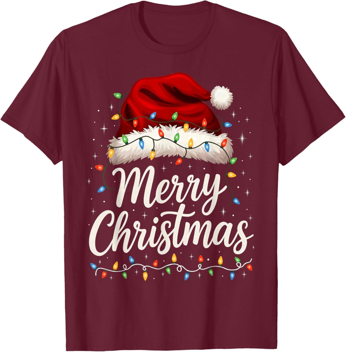 Merry Christmas Lights Red Santa Hat Xmas Family Men Women T-Shirt - T-Shirt | Maroon