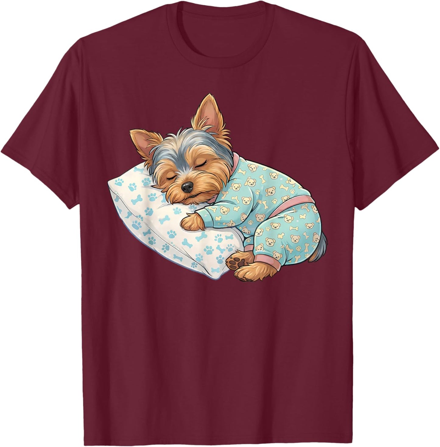 Cute Yorkshire Terrier Dog Sleeping in Pajamas Bedtime Art T-Shirt - T-Shirt | Maroon