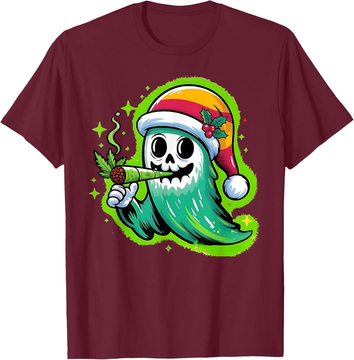 Ghost Santa Hat Smoking Stoner Weed 420 Cannabis Christmas T-Shirt - T-Shirt | Maroon