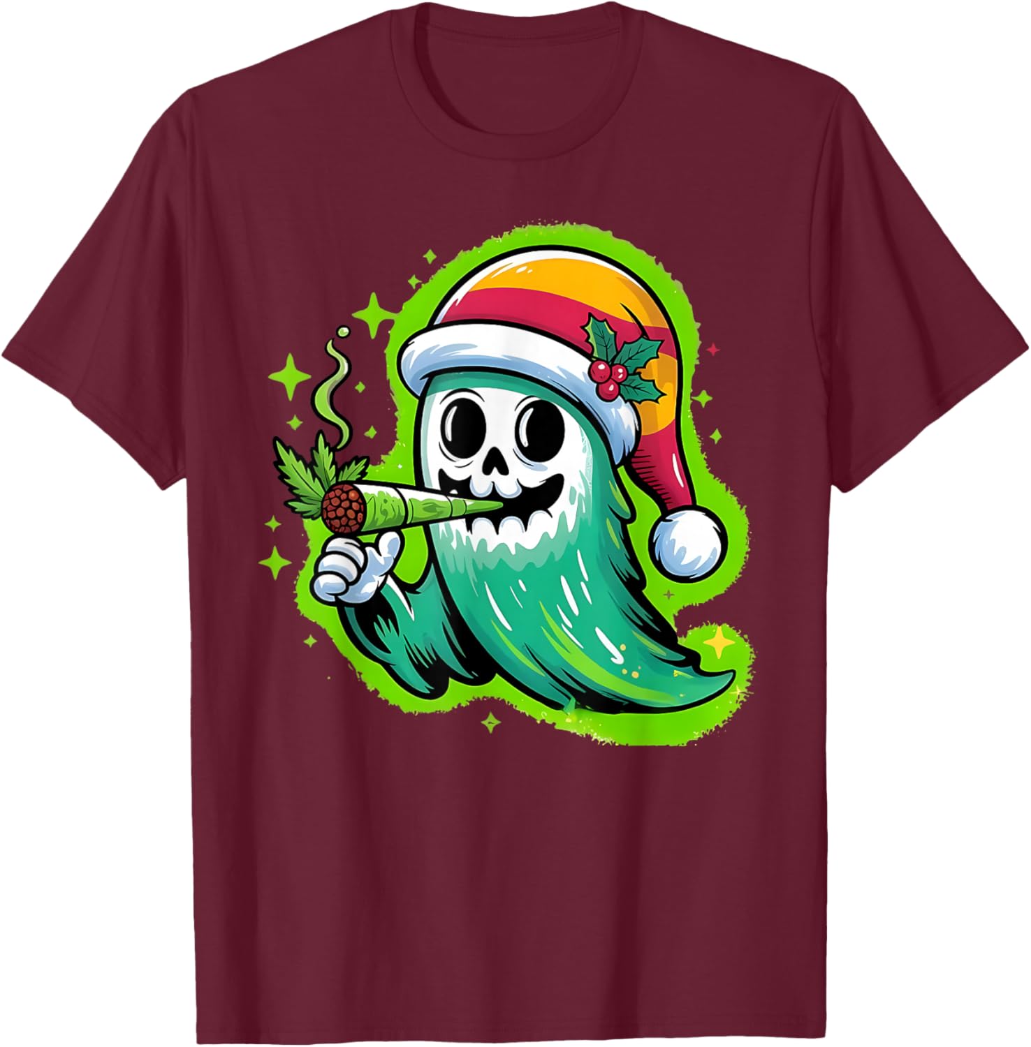 Ghost Santa Hat Smoking Stoner Weed 420 Cannabis Christmas T-Shirt - T-Shirt | Maroon