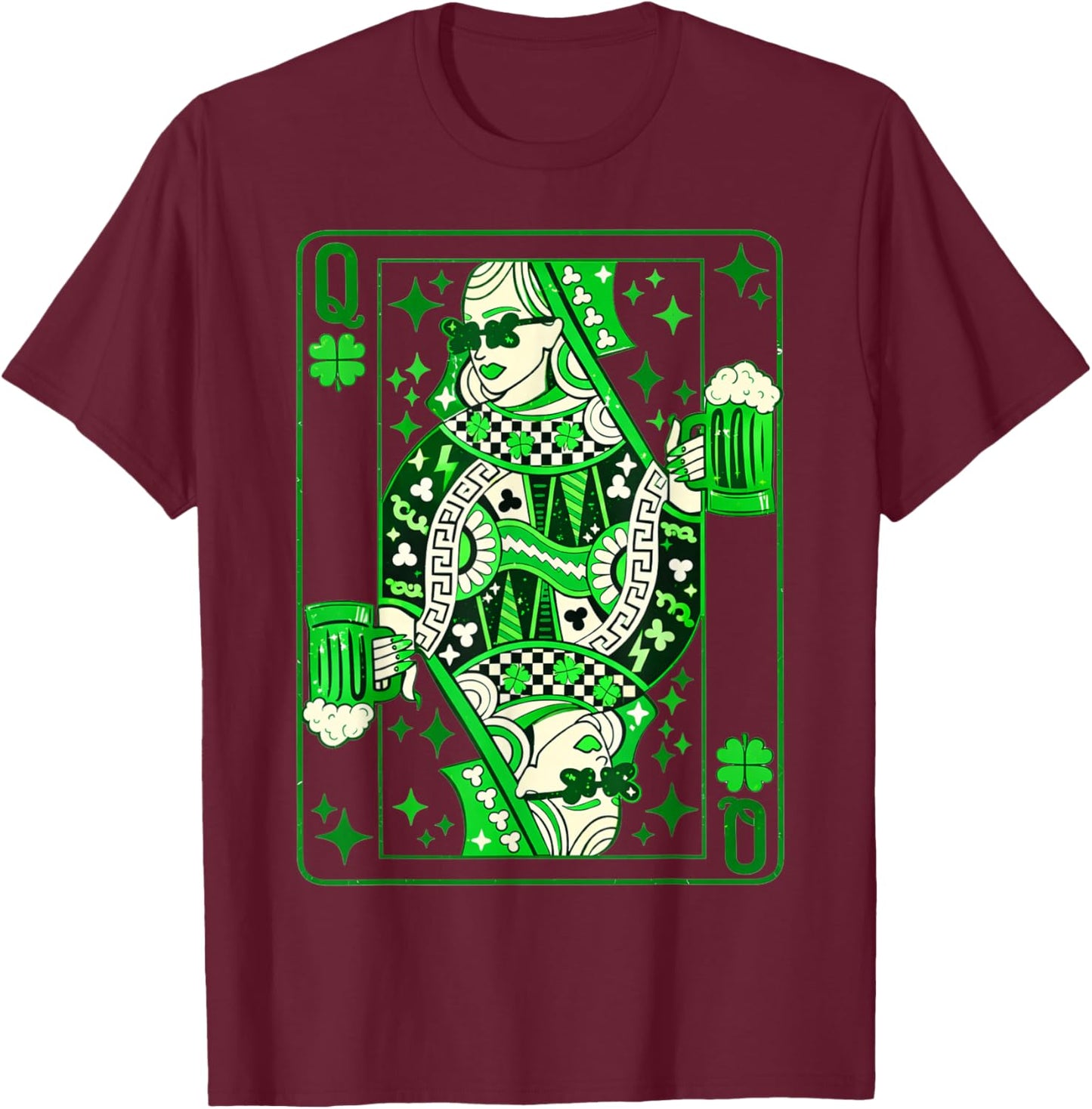 Shamrock Queen Playing Card Saint Patricks Day T-Shirt - T-Shirt | Maroon