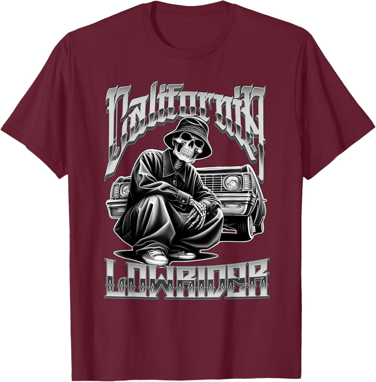 California Low Rider Chicano Tattoo Art Cholo Skeleton T-Shirt - T-Shirt | Maroon