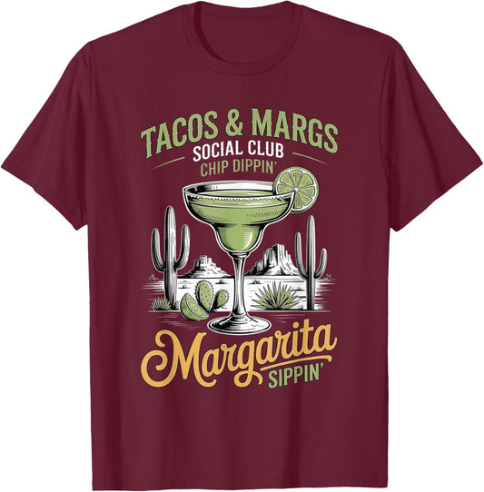 Tacos and Margs Social Club Chip Dippin Margarita Sippin T-Shirt - T-Shirt | Maroon