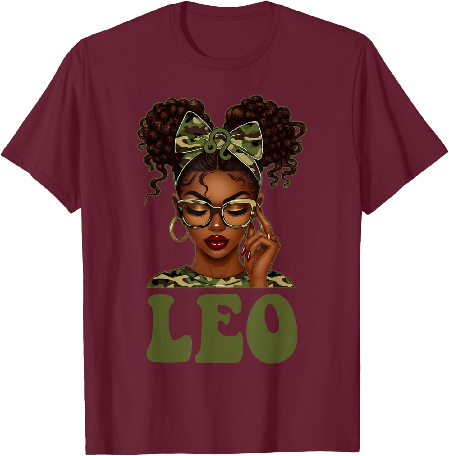 Leo Queen Black Girl Camouflage Bow It's My Birthday T-Shirt - T-Shirt | Maroon
