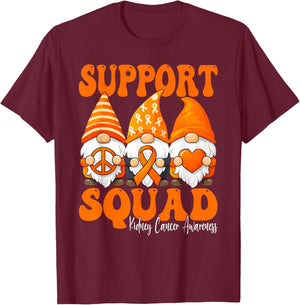 Support Squad Gnomes Kidney Cancer Month Awareness Orange T-Shirt - T-Shirt | Maroon