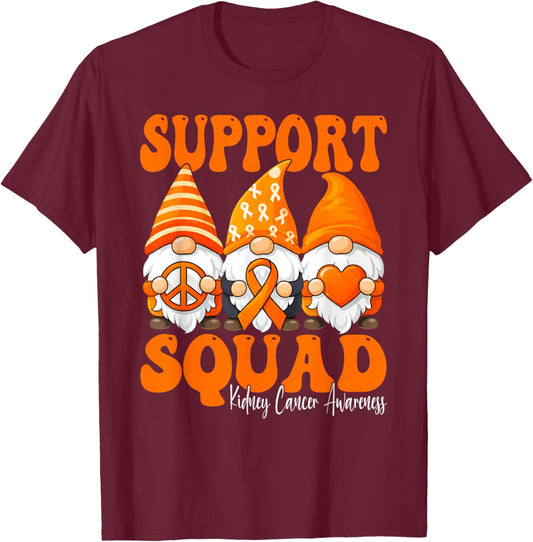 Support Squad Gnomes Kidney Cancer Month Awareness Orange T-Shirt - T-Shirt | Maroon