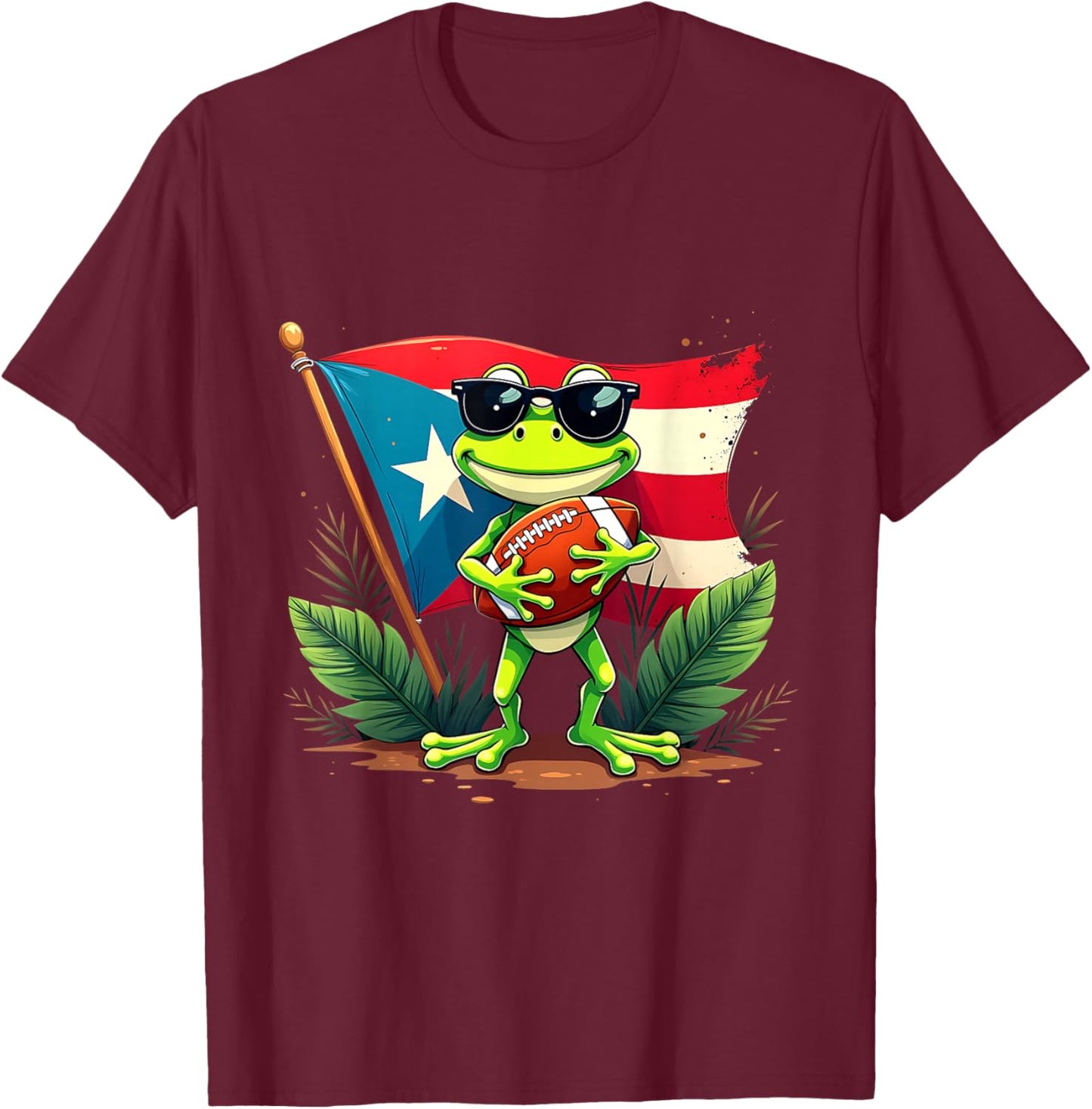 Puerto Rico Frog Football Island Pride Cartoon T-Shirt - T-Shirt | Maroon