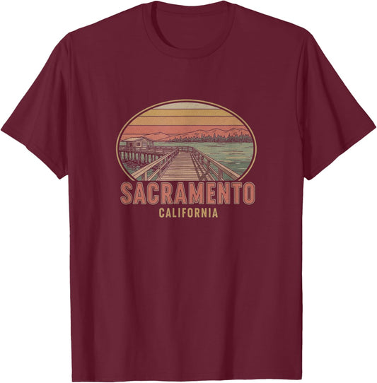 Retro Sacramento California Drawing Design T-Shirt - T-Shirt | Maroon