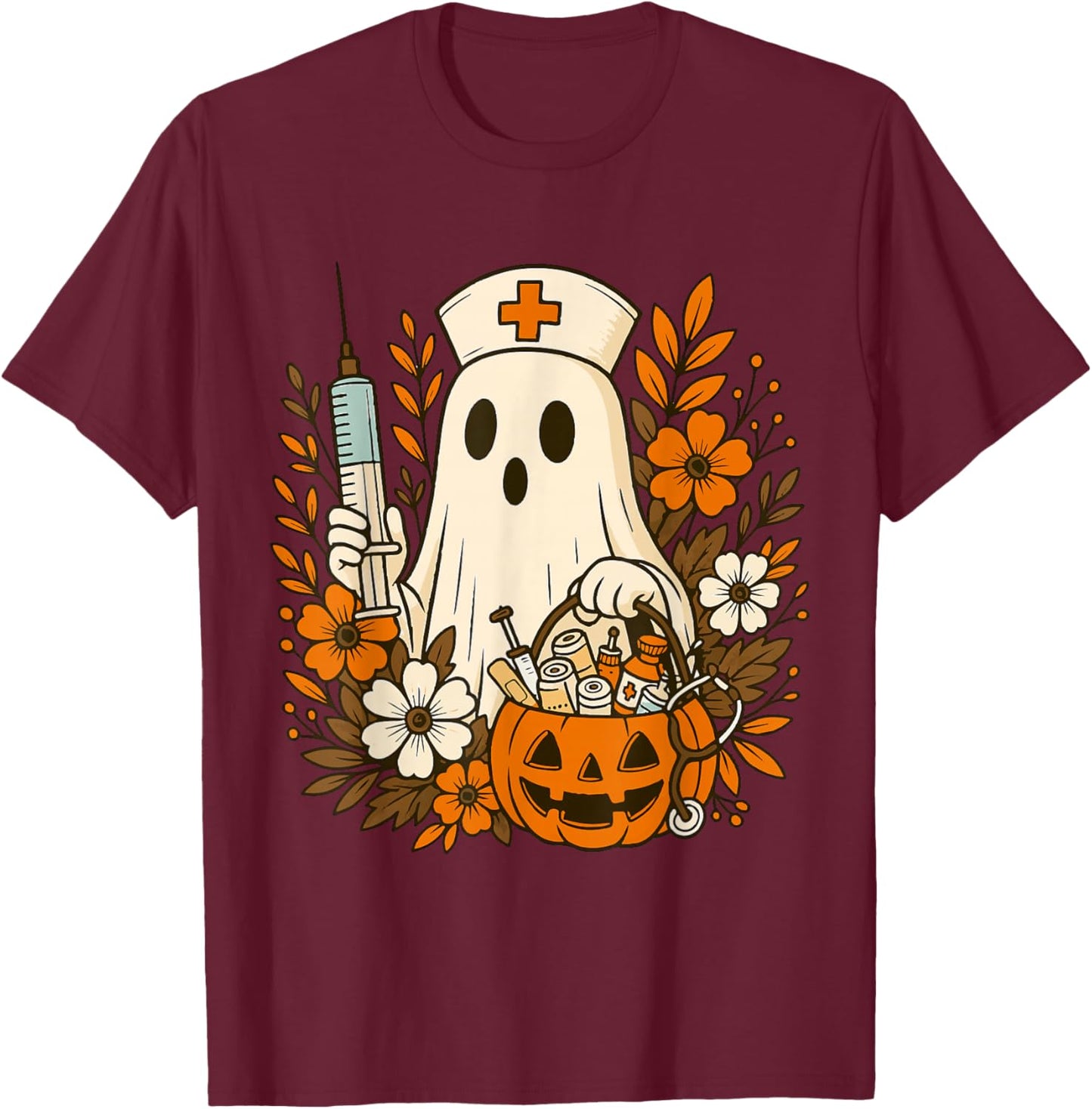 Nurse Ghost Pumpkin Halloween Autumn Nurse Halloween T-Shirt - T-Shirt | Maroon