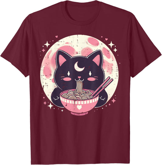 Black Cat Ramen Moon Kawaii Japanese Food Girls Kids Women T-Shirt - T-Shirt | Maroon