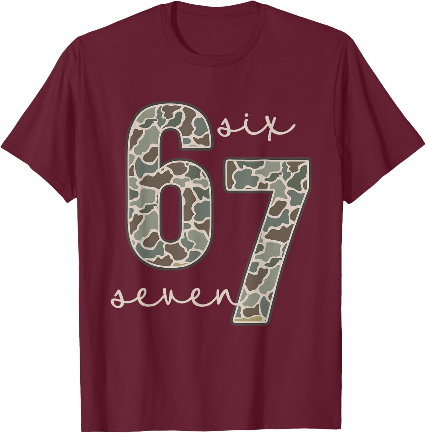 Retro Old Camo 67 Six Seven Funny Meme Gen Alpha Slang T-Shirt - T-Shirt | Maroon