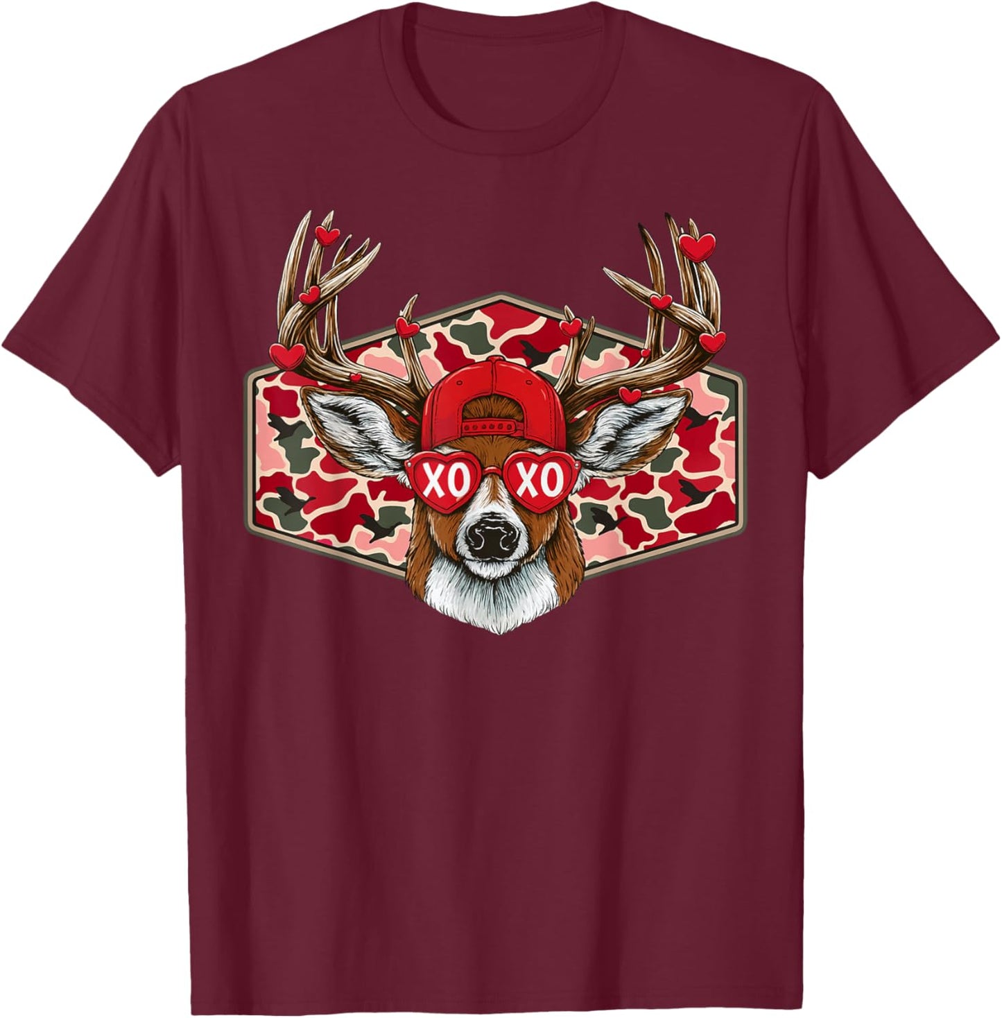 XOXO Valentine Buck Camo Deer Retro Hunting Boys Cap Men Boy T-Shirt - T-Shirt | Maroon