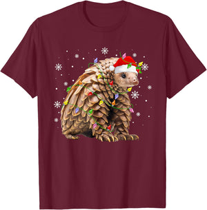 Pangolin Christmas Lights Funny Santa Hat Animal Lover Xmas T-Shirt - T-Shirt | Maroon