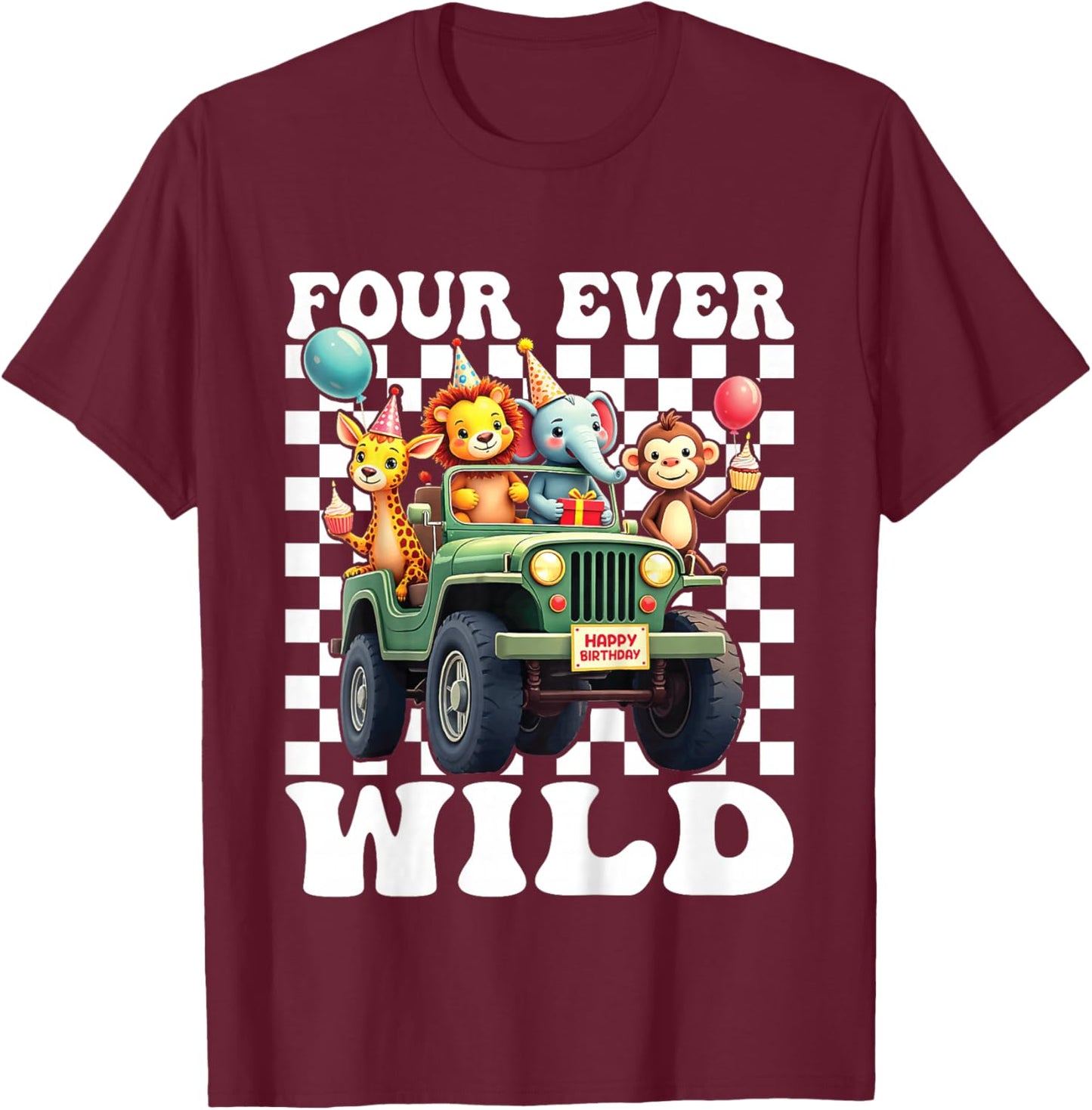 Four Ever Wild 4th Birthday 4 Year Old Birthday Zoo Safari T-Shirt - T-Shirt | Maroon