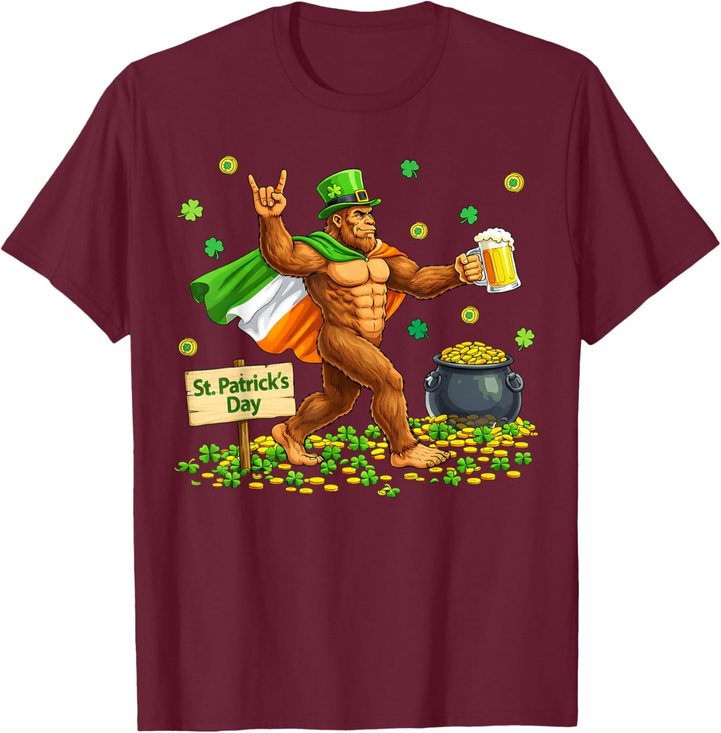 Bigfoot St Patrick's Day Irish Flag Cape Beer Rock Sasquatch T-Shirt - T-Shirt | Maroon