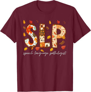 Retro SLP Pumpkin Fall Autumn Speech Therapist T-Shirt - T-Shirt | Maroon