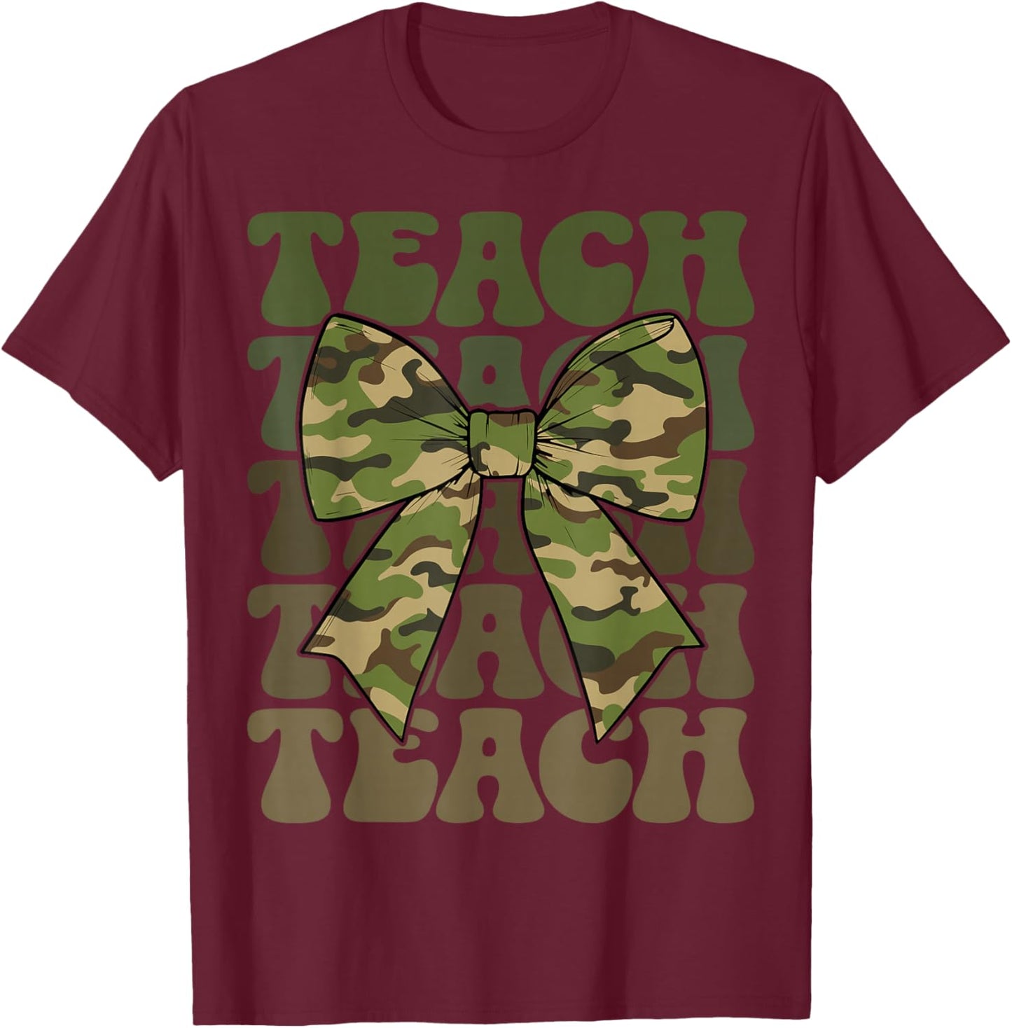 Camo Teach Coquette Bow Retro Groovy Camouflage Teacher T-Shirt - T-Shirt | Maroon