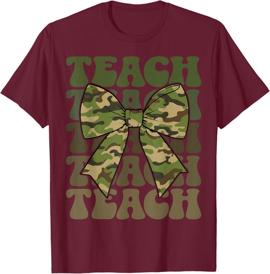 Camo Teach Coquette Bow Retro Groovy Camouflage Teacher T-Shirt - T-Shirt | Maroon