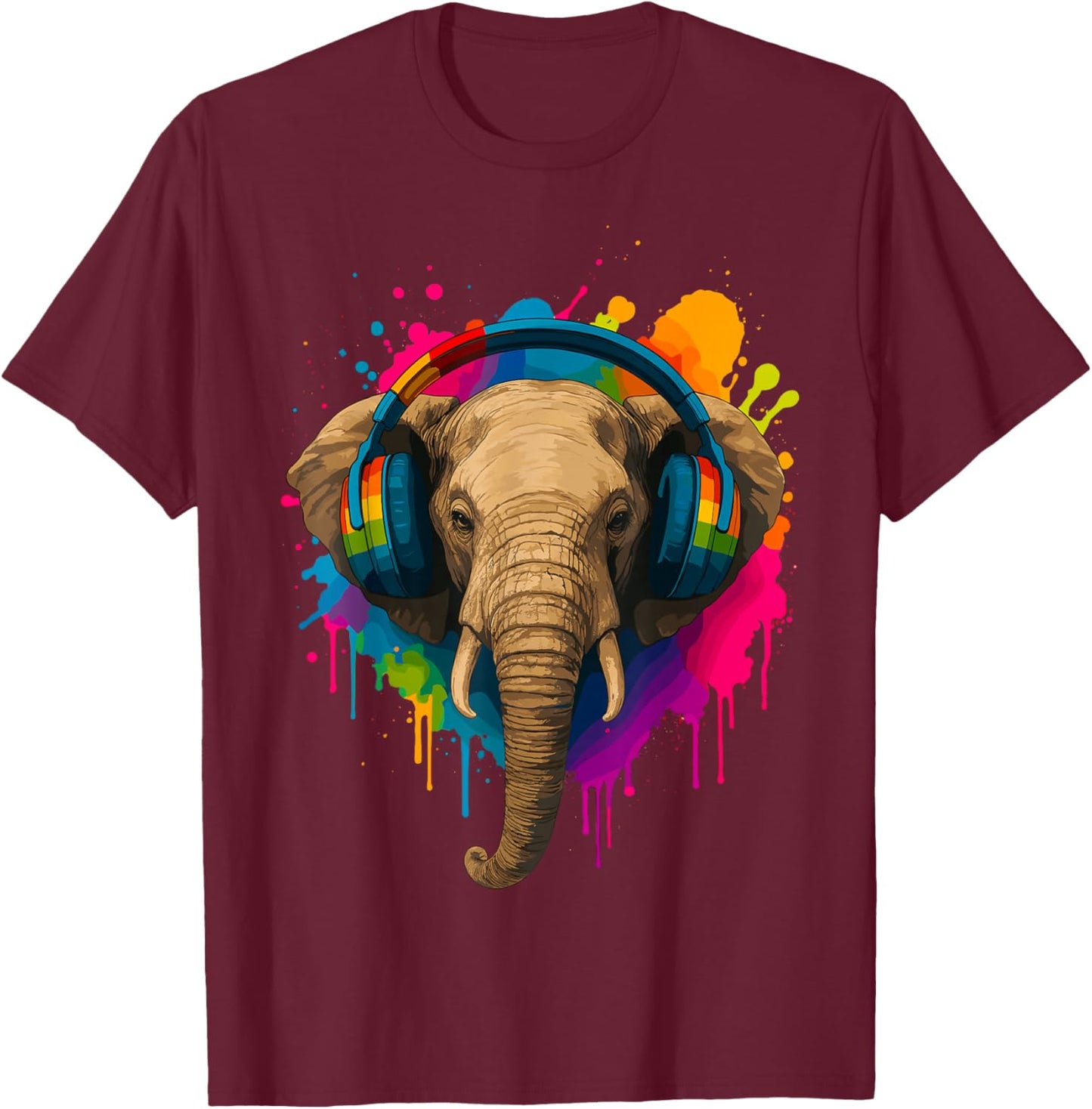 Elephant with Music Headphones T-Shirt - T-Shirt | Maroon
