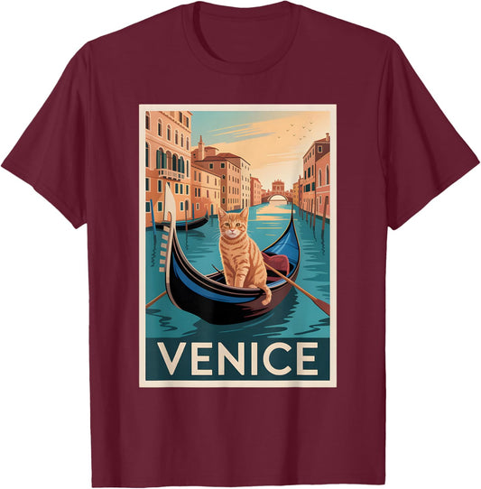 Venice Cat Gondola Vintage Travel Italy Design T-Shirt - T-Shirt | Maroon