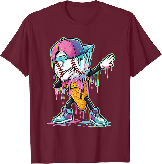 Dripping Baseball Drip Boys Ice Cream Drip Baseball Sport T-Shirt - T-Shirt | Maroon