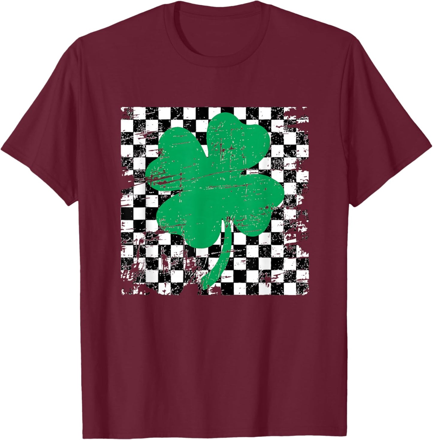 St. Patrick’s Green Clover Checker Design Retro Aesthetic T-Shirt - T-Shirt | Maroon
