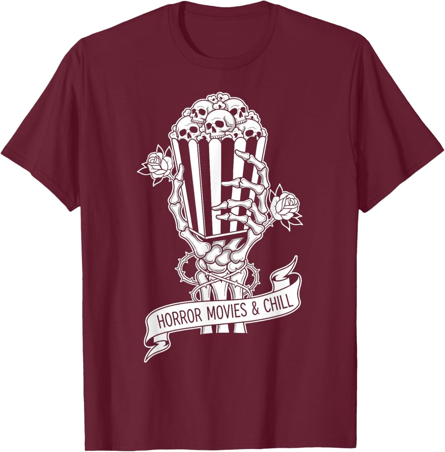 Horror Movies & Chill Skeleton Popcorn Funny Halloween T-Shirt - T-Shirt | Maroon
