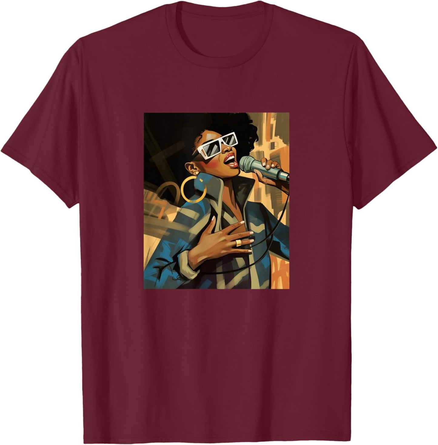 Dynamic Vocalist Woman Singing Microphone Afro Music Art T-Shirt - T-Shirt | Maroon