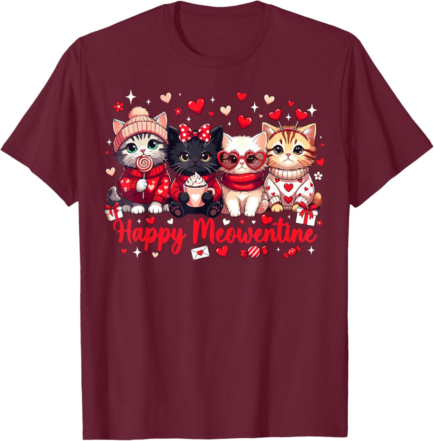 Happy Meowentine Cute Cat Lover Valentine Heart T-Shirt - T-Shirt | Maroon