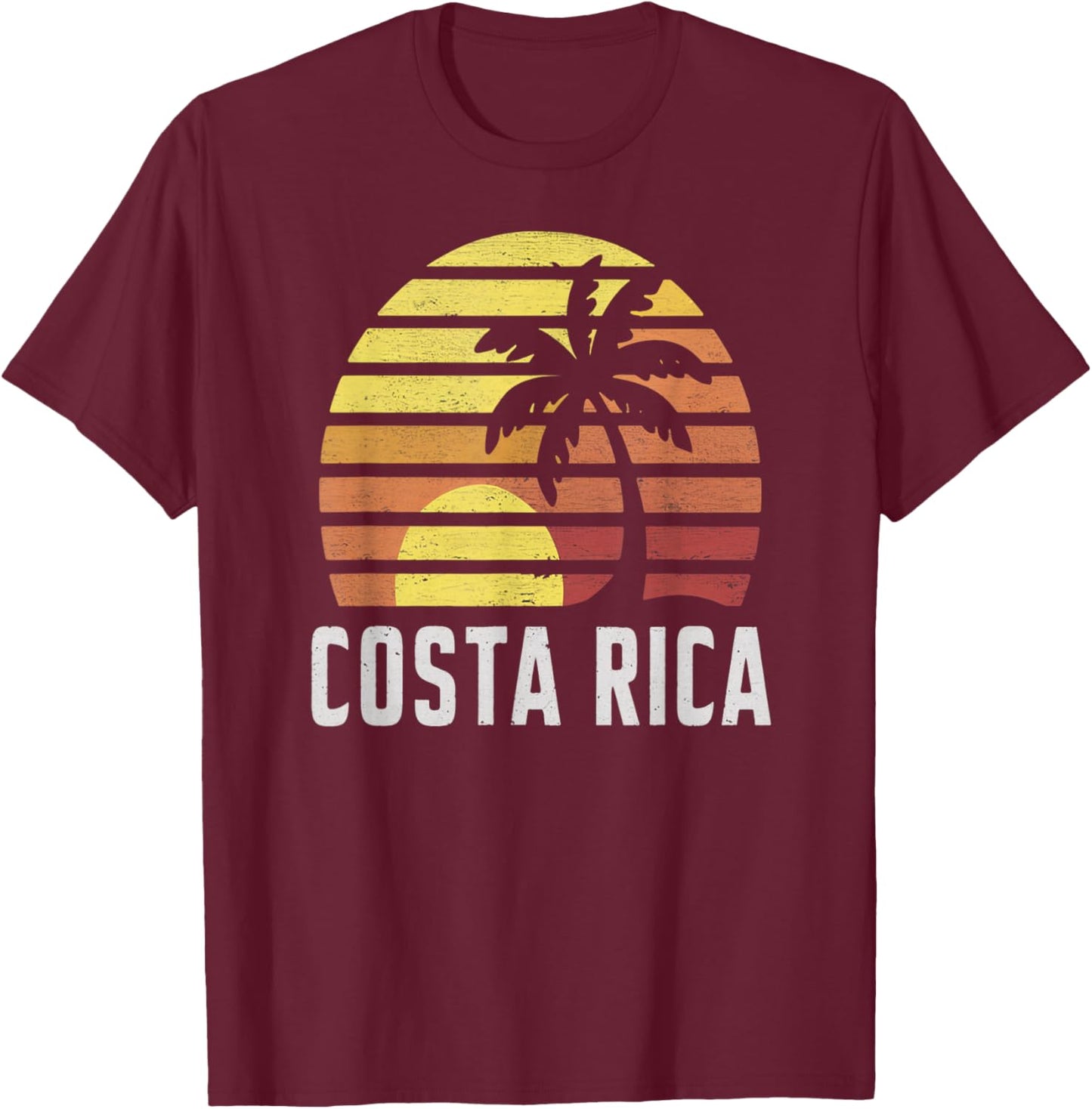Costa Rica Retro Sunset Scene with Palm and Horizon Vibes T-Shirt - T-Shirt | Maroon