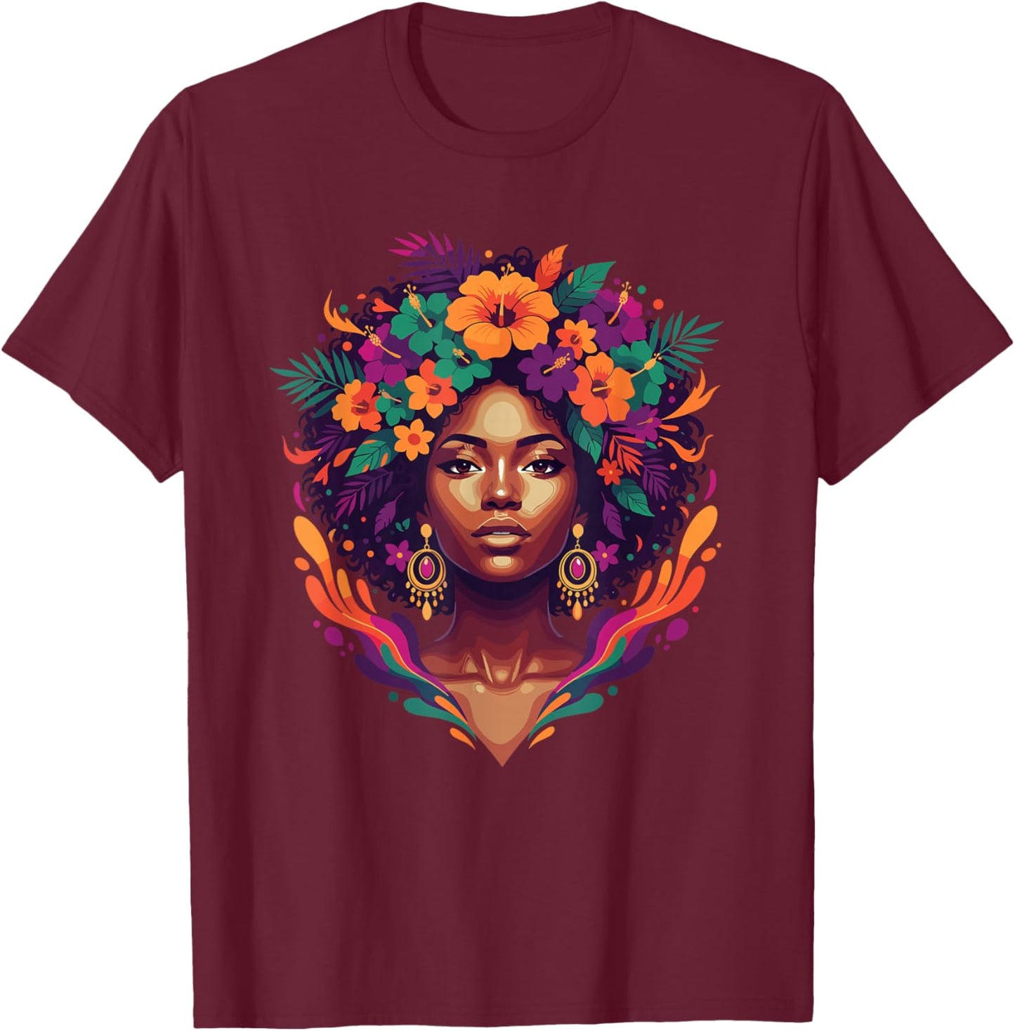 African American Afro Woman Floral Hibiscus Crown T-Shirt - T-Shirt | Maroon