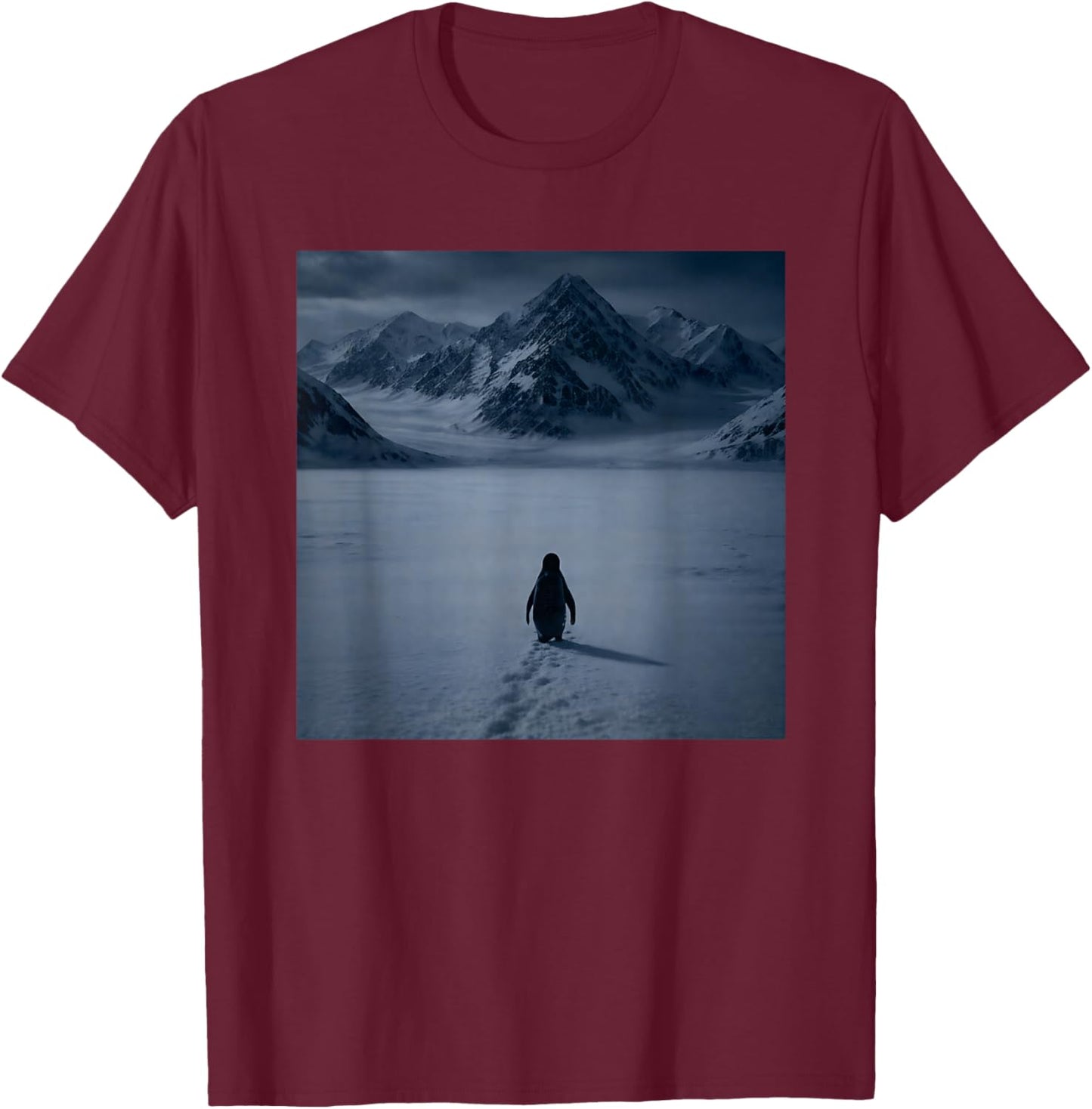 Nihilist Penguin Walking to The Mountains Meme T-Shirt - T-Shirt | Maroon