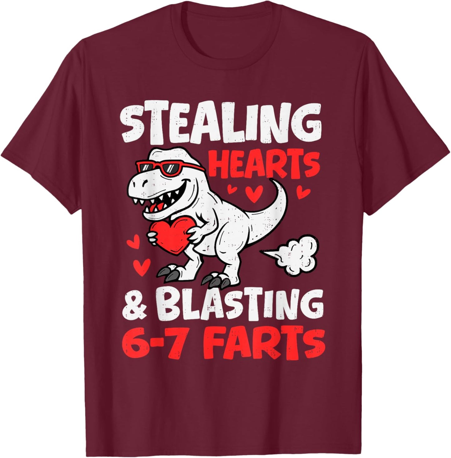 Funny Dino Stealing Hearts Blasting 6 7 Farts Valentines Boy T-Shirt - T-Shirt | Maroon