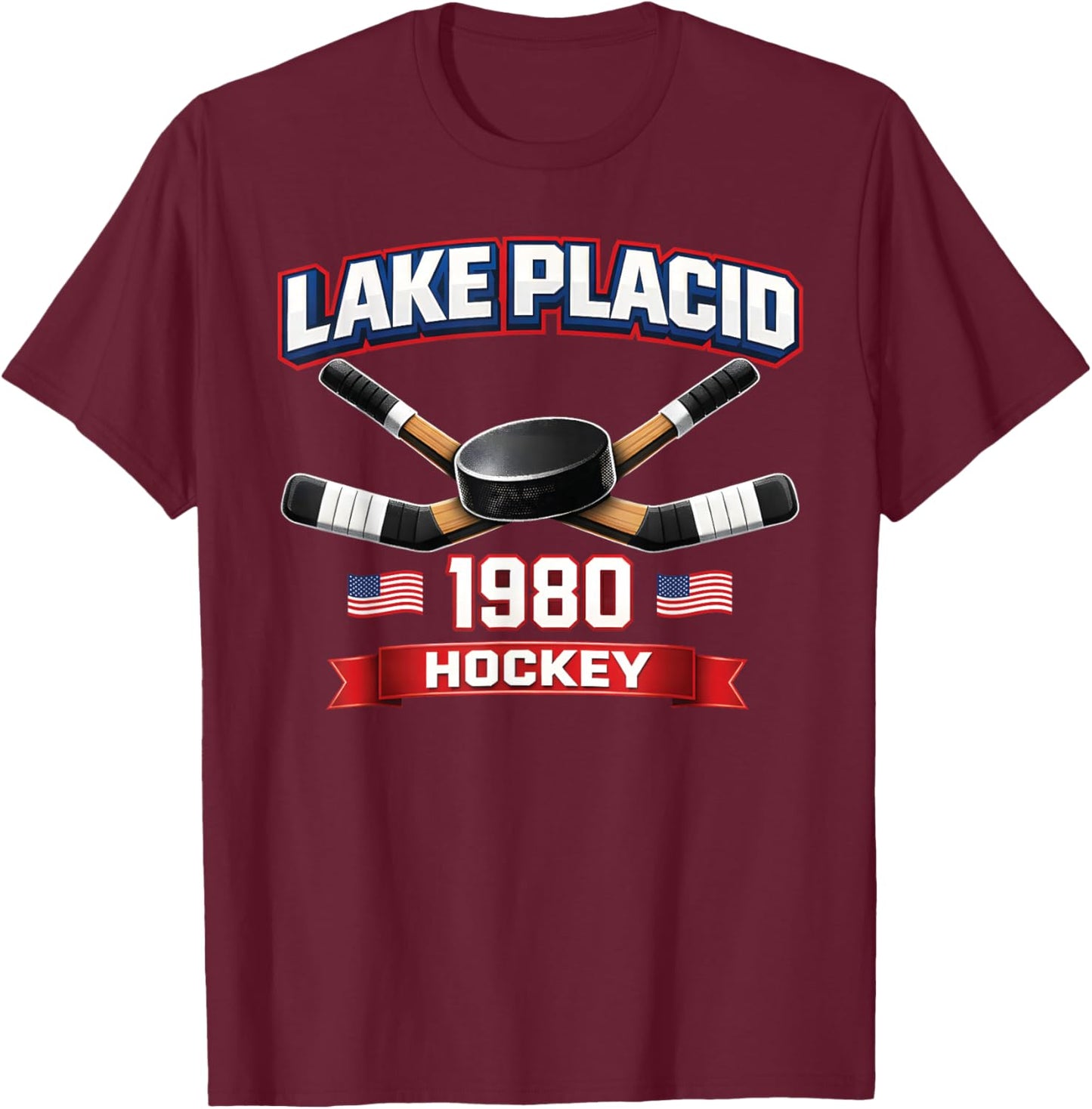 Lake Placid 1980 Hockey Vintage USA Puck New York Essex Goal T-Shirt - T-Shirt | Maroon