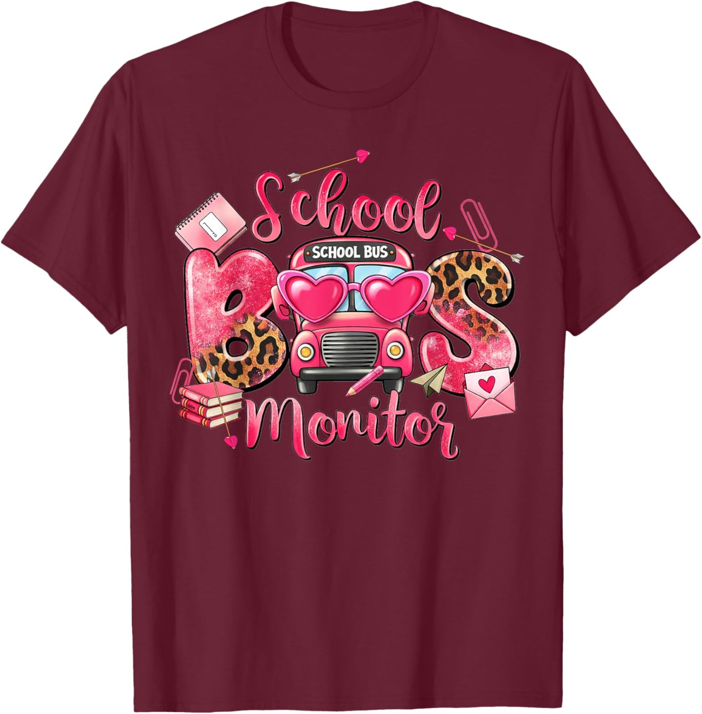 Leopard School Bus Monitor Bus Driver Valentines Student T-Shirt - T-Shirt | Maroon