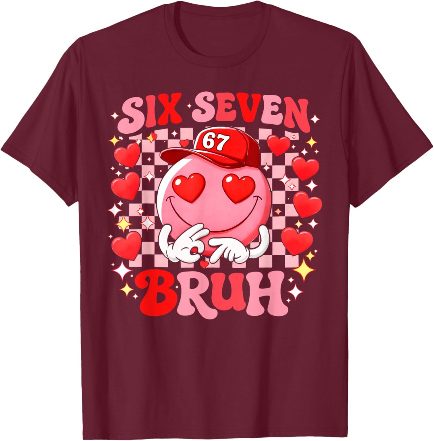 Valentine Groovy Smile Face Six Seven Bruh Heart Sunglasses T-Shirt - T-Shirt | Maroon