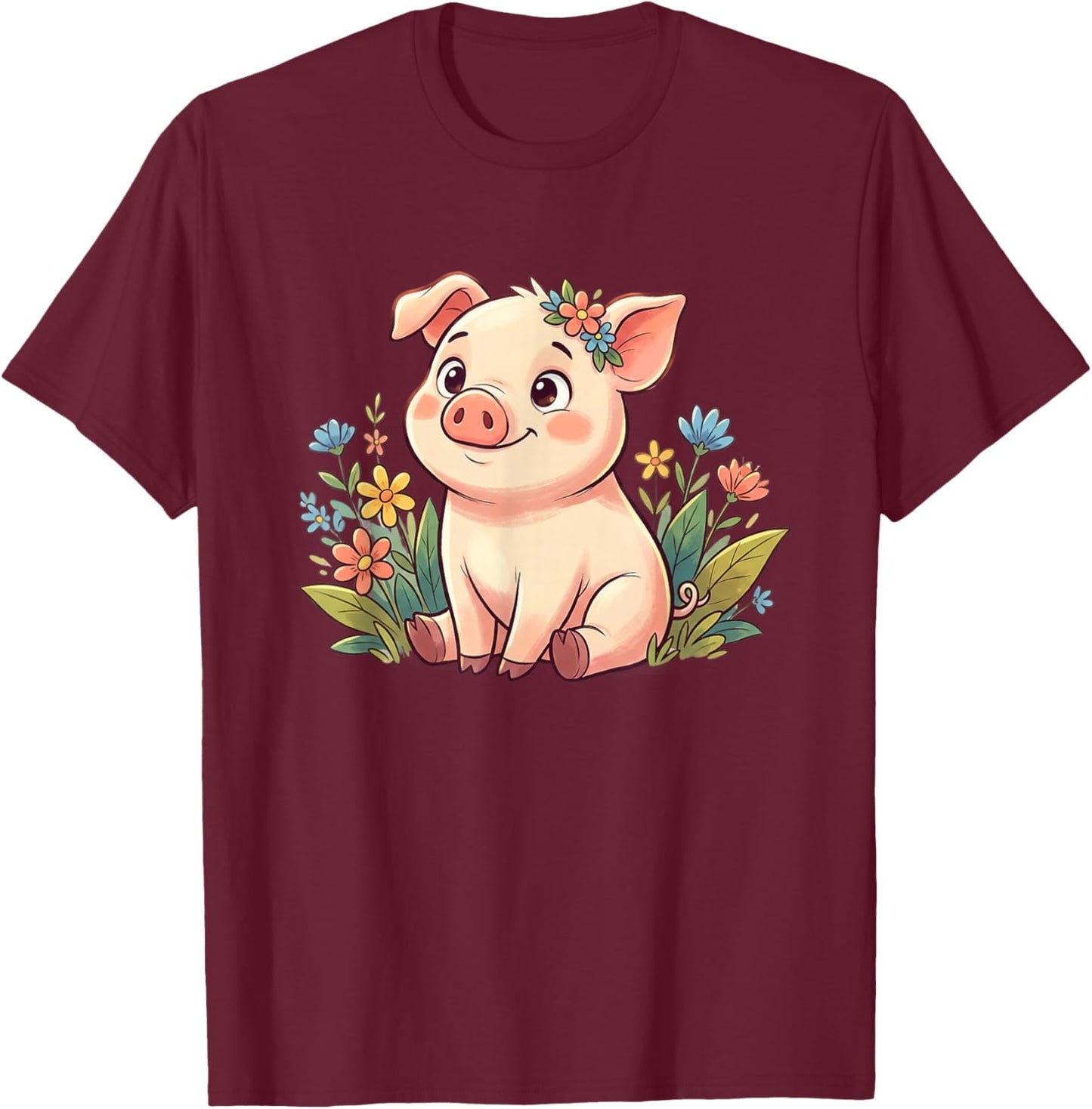 Kawaii Baby Pig Surrounded by Colorful Flowers T-Shirt - T-Shirt | Maroon