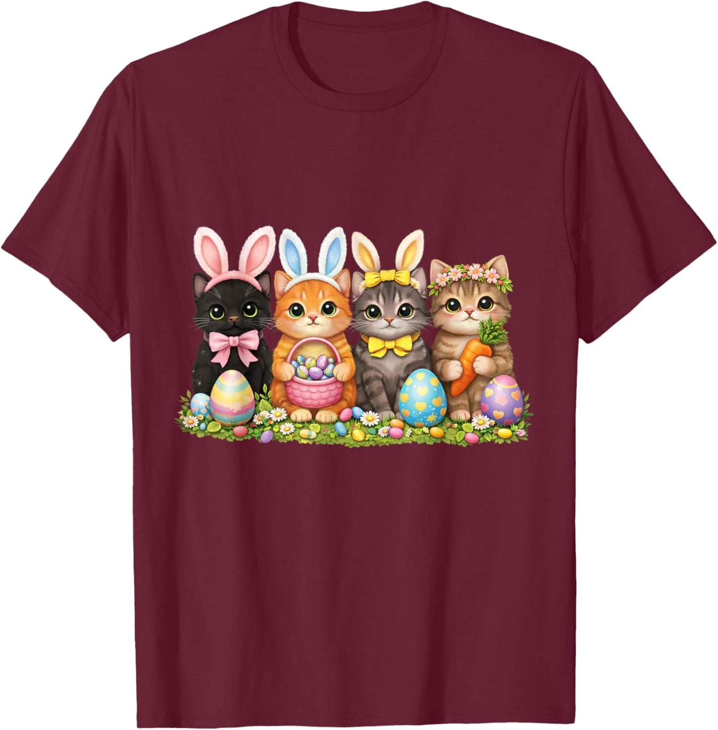 Funny Easter Cats Ears Bunny Eggs Spring Men Kids T-Shirt - T-Shirt | Maroon