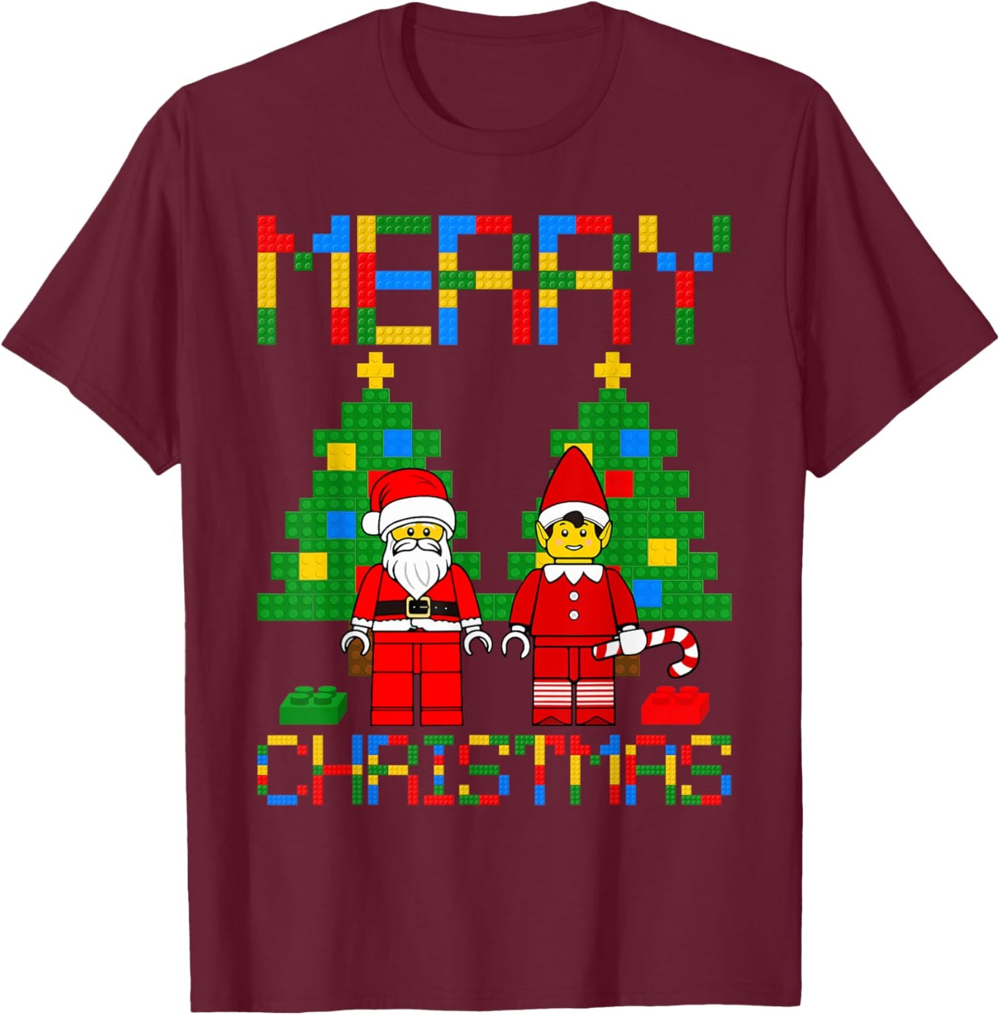 Merry Christmas Blocks Building Christmas Tree & Santa Kids T-Shirt - T-Shirt | Maroon