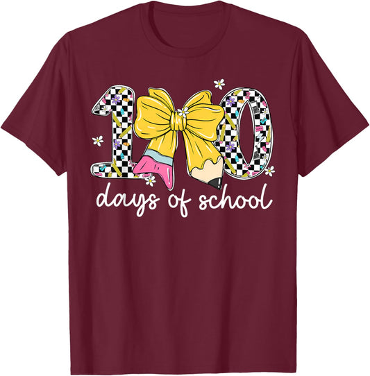 Floral Checkered 100 Days of School Pencil Bow Women Girl T-Shirt - T-Shirt | Maroon