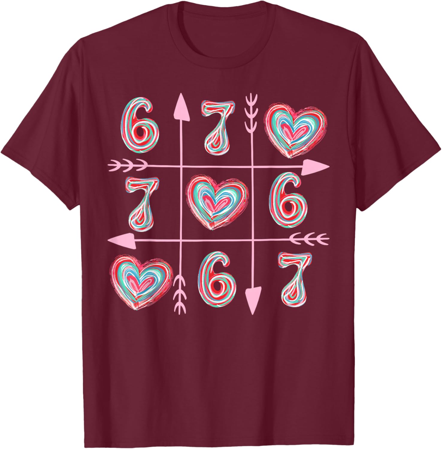 Valentine Six Seven 67 Meme Heart Boy Girl Colorful T-Shirt - T-Shirt | Maroon