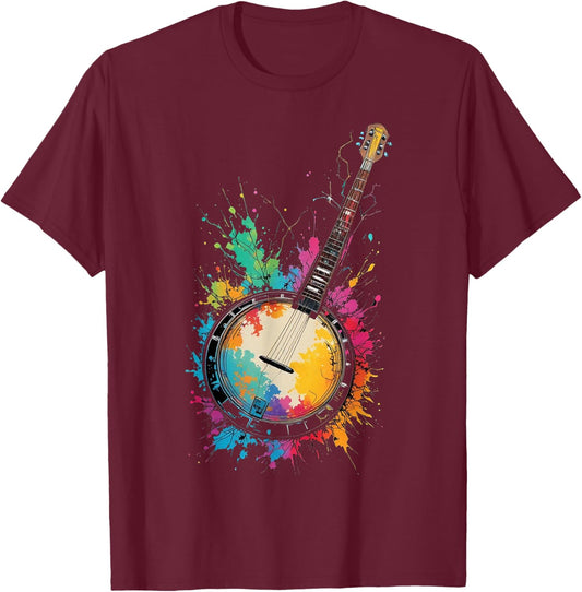 Colorful Bluegrass Banjo Color Splashes Music Lover T-Shirt - T-Shirt | Maroon