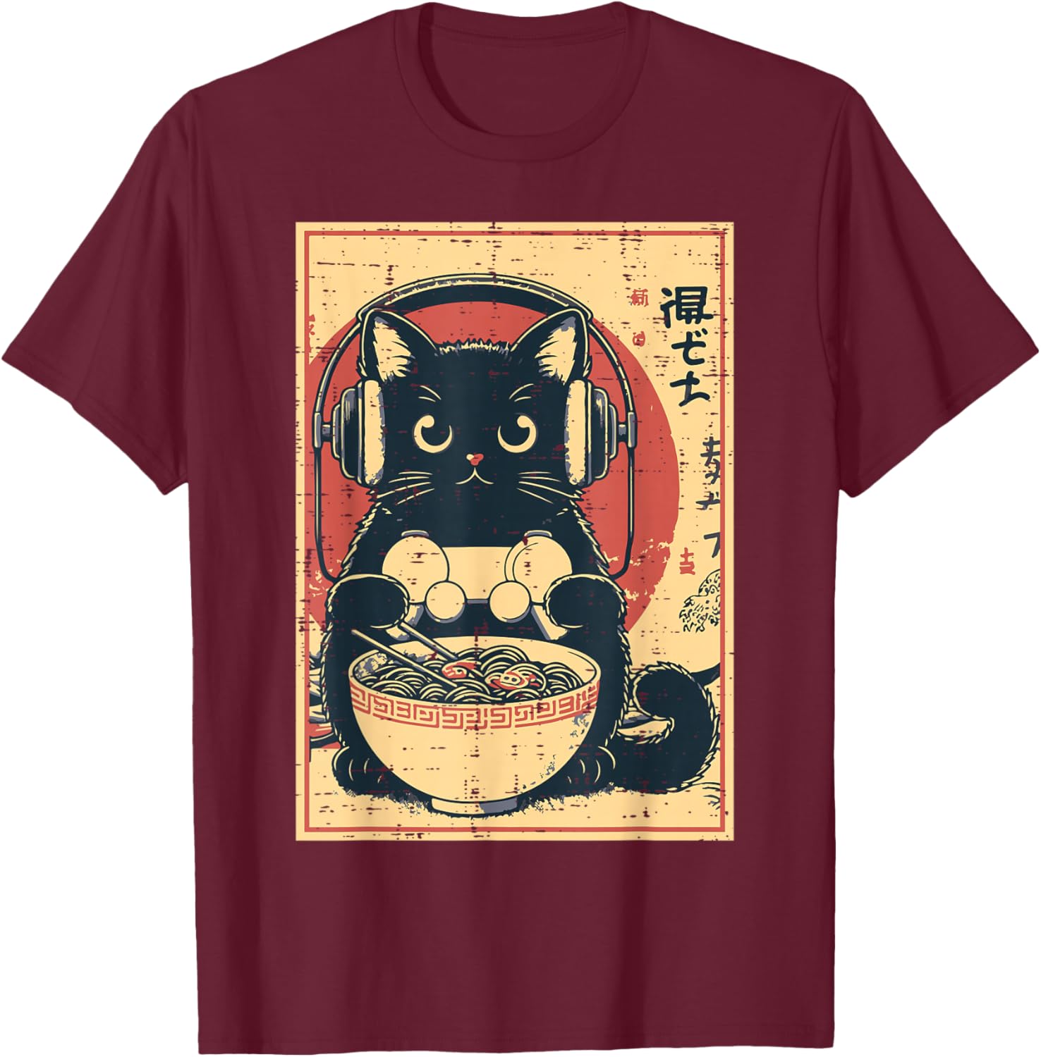 Japanese Cat Gamer Controller Ramen Gaming Art Men Boys Kids T-Shirt - T-Shirt | Maroon