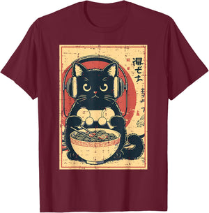Japanese Cat Gamer Controller Ramen Gaming Art Men Boys Kids T-Shirt - T-Shirt | Maroon