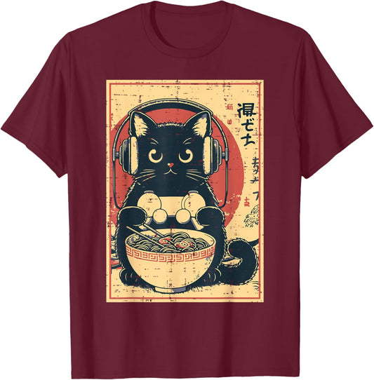 Japanese Cat Gamer Controller Ramen Gaming Art Men Boys Kids T-Shirt - T-Shirt | Maroon