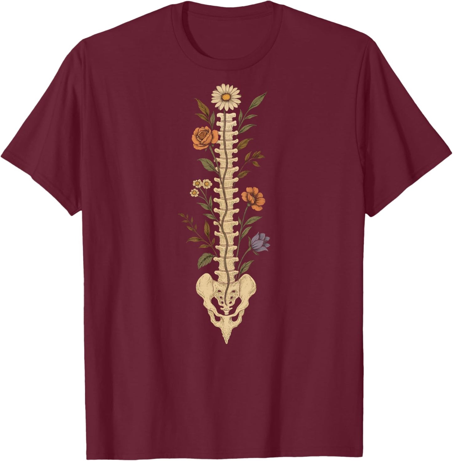 Floral Spine Skeleton Chiropractor Funny Halloween T-Shirt - T-Shirt | Maroon