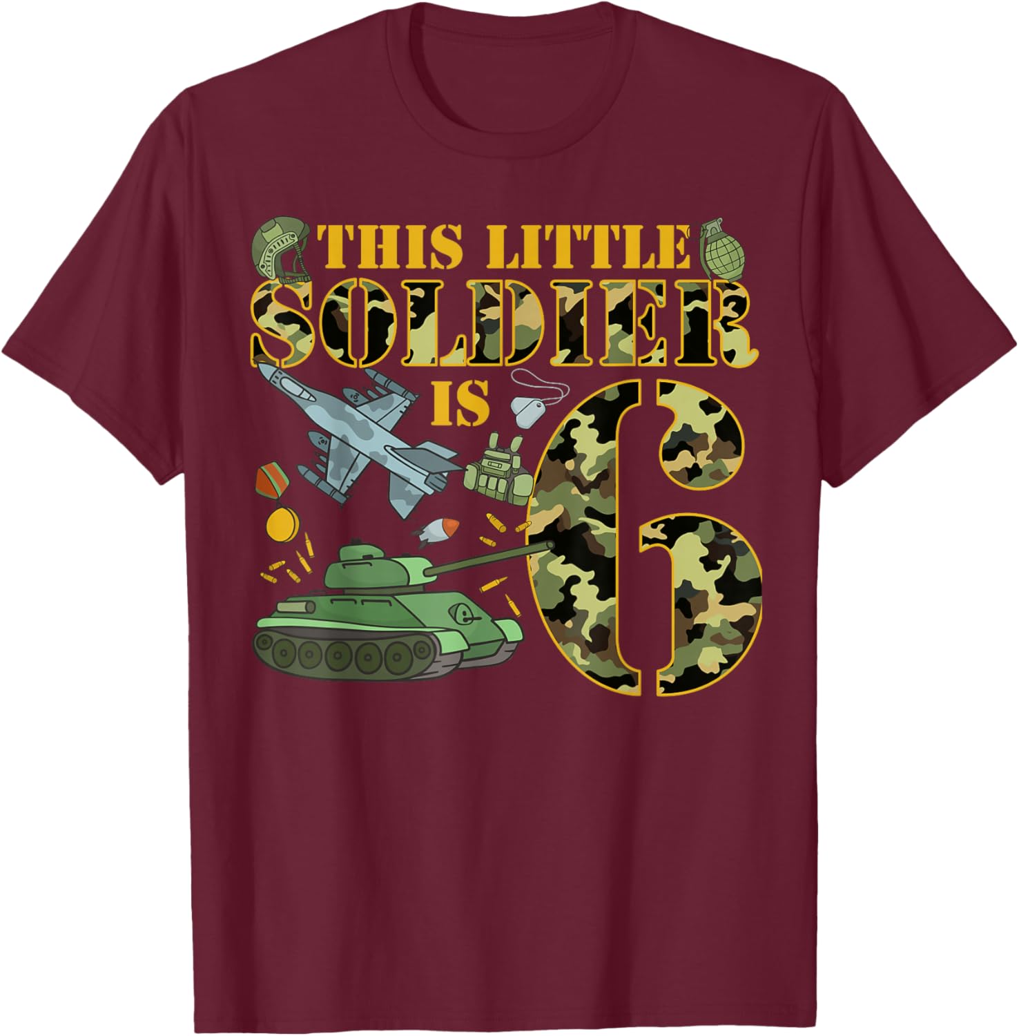 6 Years Old Soldier Birthday Boy 6th Birthday Camo T-Shirt - T-Shirt | Maroon